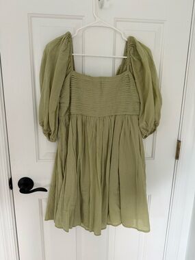 Abercrombie & Fitch Emerson Linen Green Puff Sleeve Square-Neck Women's Dress